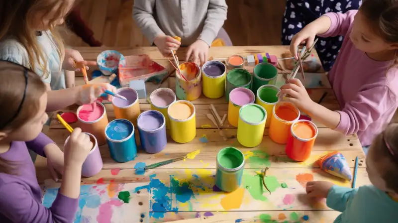 photos d'enfants qui jouent avec des pots de peinture végétale