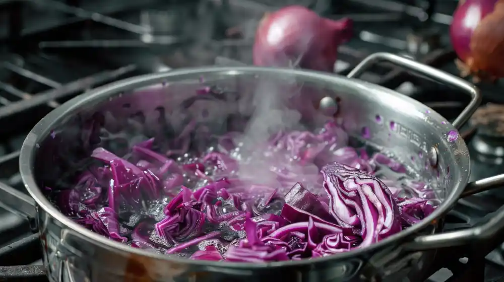 photo d'une casserole avec de l'eau, du chou rouge, des épluchures d'oignons qui bouillent