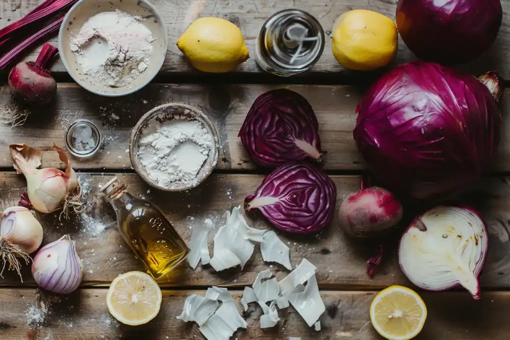 photo des ingrédients nécessaires pour la recette de peinture végétale : farine, chou rouge, pelure d'oignon, jus de citron, huile végétale