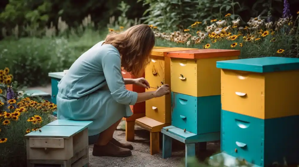 photo d'une femme qui peint des ruches avec de la peinture végétale