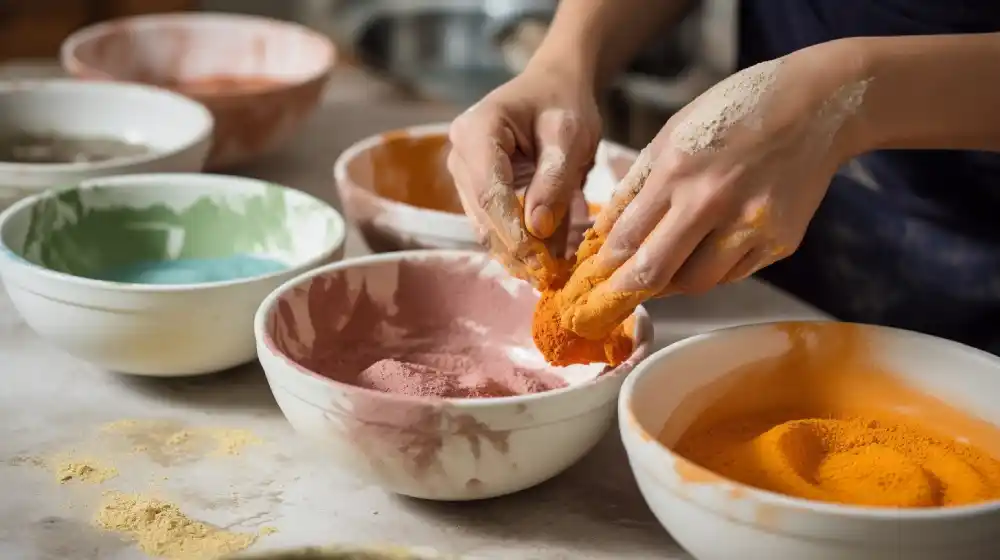 photo du mélange des pigments de peinture végétale avec la mixture farine et eau