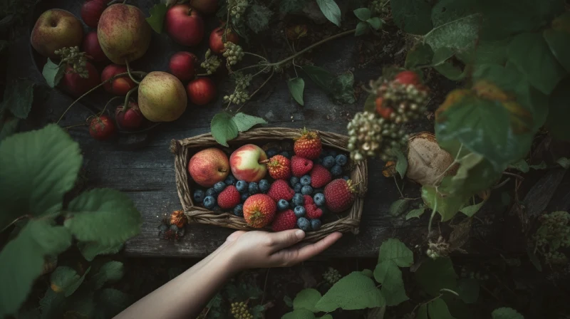 mains qui poussent un panier de fruit autour d'un compost