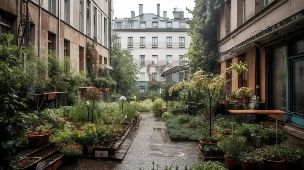 photo d'un jardin dans une cour intérieure avec récupération de l'eau de pluie pour l'écologie urbaine