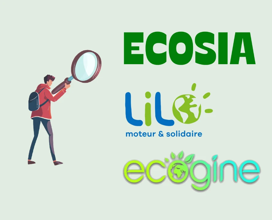 illustration moteur de recherche écolo (logo de Ecosia, Lilo, et Ecogine)