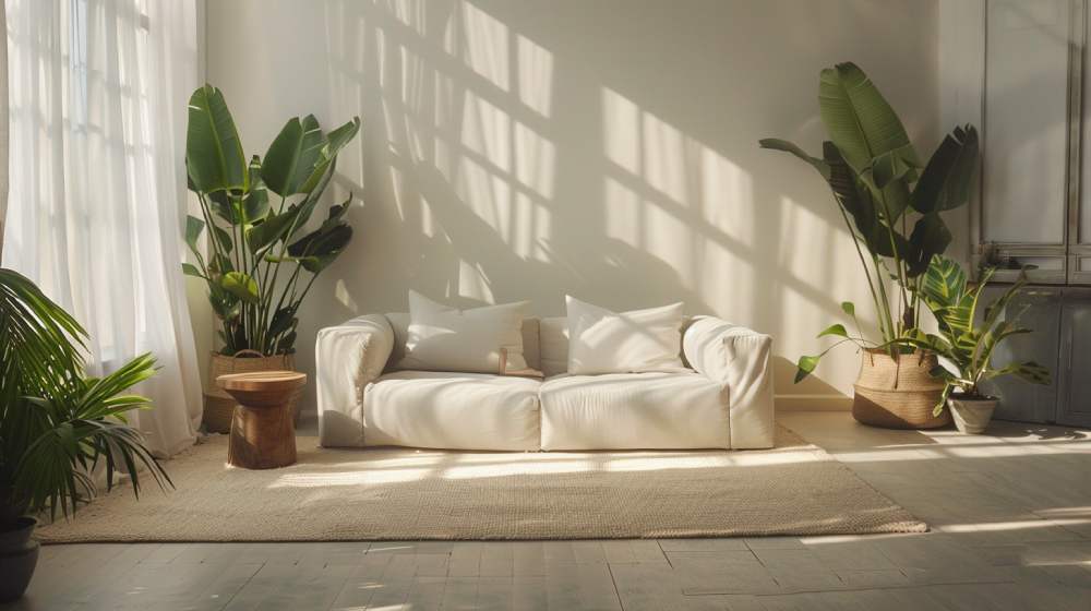 photo d'un salon qui illustre le minimalisme comme mode de vie, dans les tons crème, avec un canapé au milieu, deux grandes plantes disposées à chaque bout du canapé,