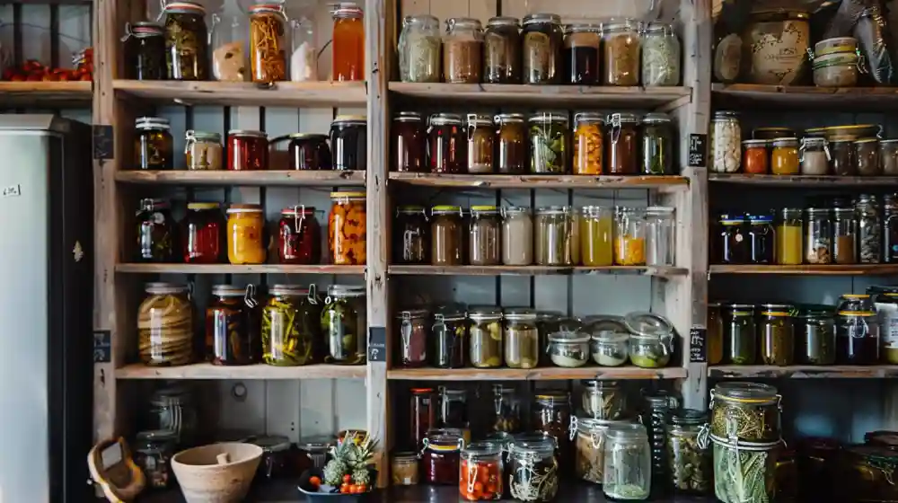 Photo d'un garde manger pour l'autonomie alimentaire avec des aliments dans des conserves en verre