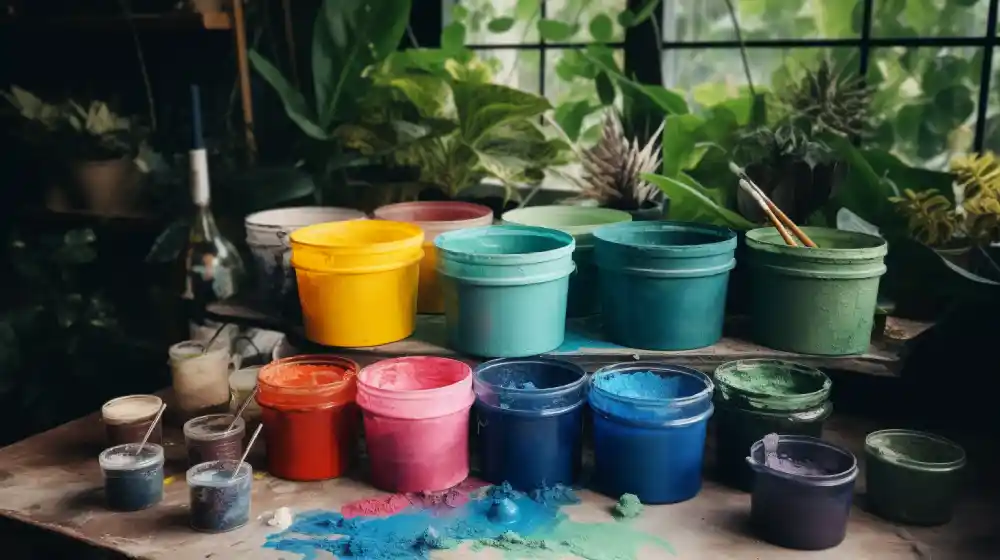 des pots de peintures végétale disposés sur une table en bois avec des pigments