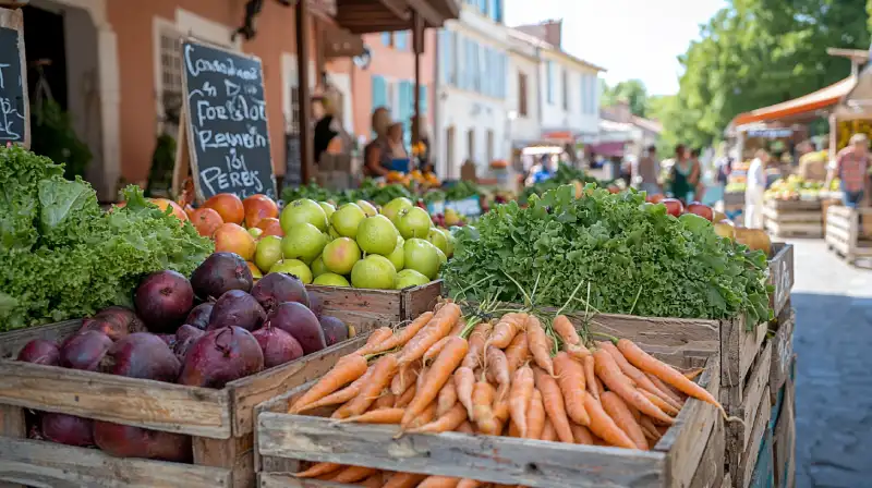 Photo d'un étal de primeur sur un marché - consommer local